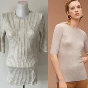 Aritzia Babaton Clifton Sweater Heather Birch Ribbed Silk Blend  Short Sleeve S